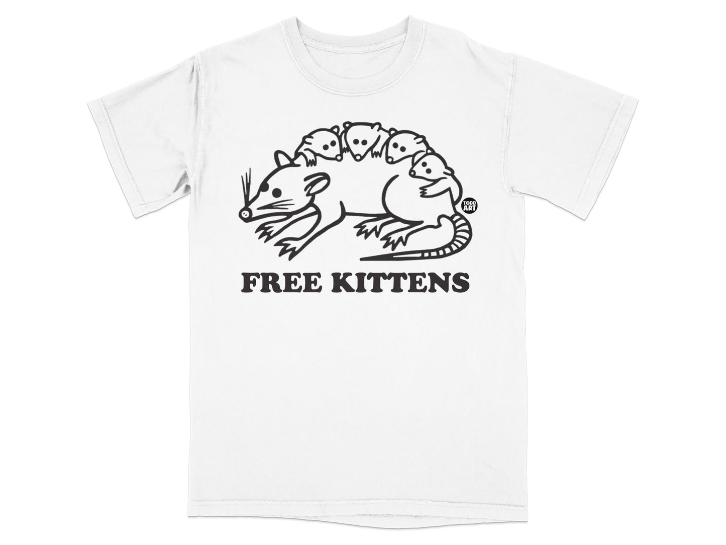 White t-shirt with black line drawing of a possum carrying kittens and text "FREE KITTENS".