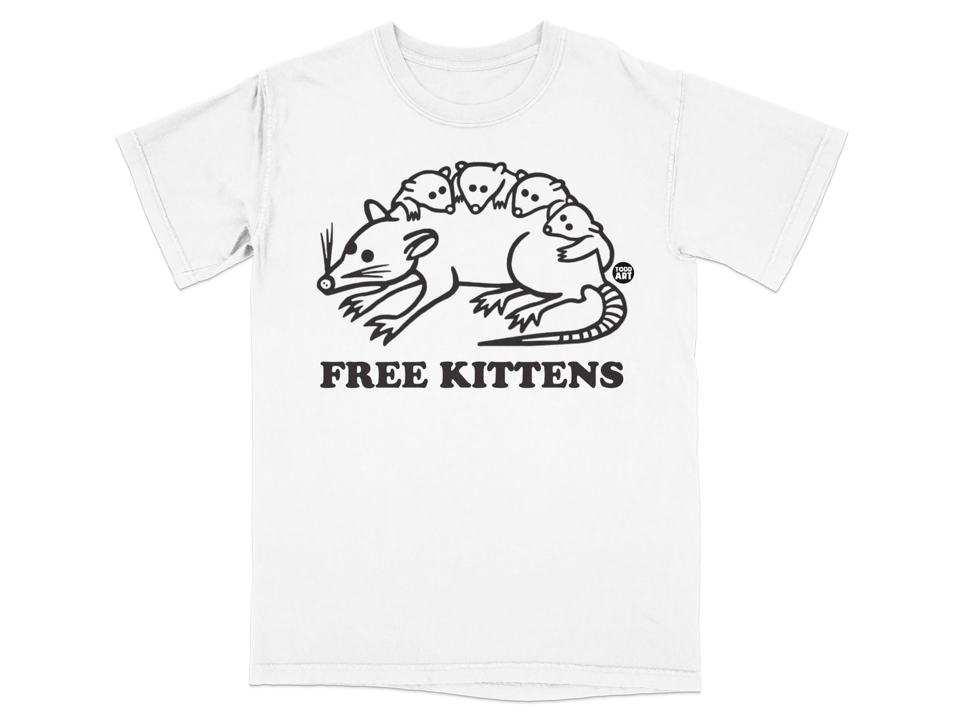 White t-shirt with black line drawing of a possum carrying kittens and text "FREE KITTENS".