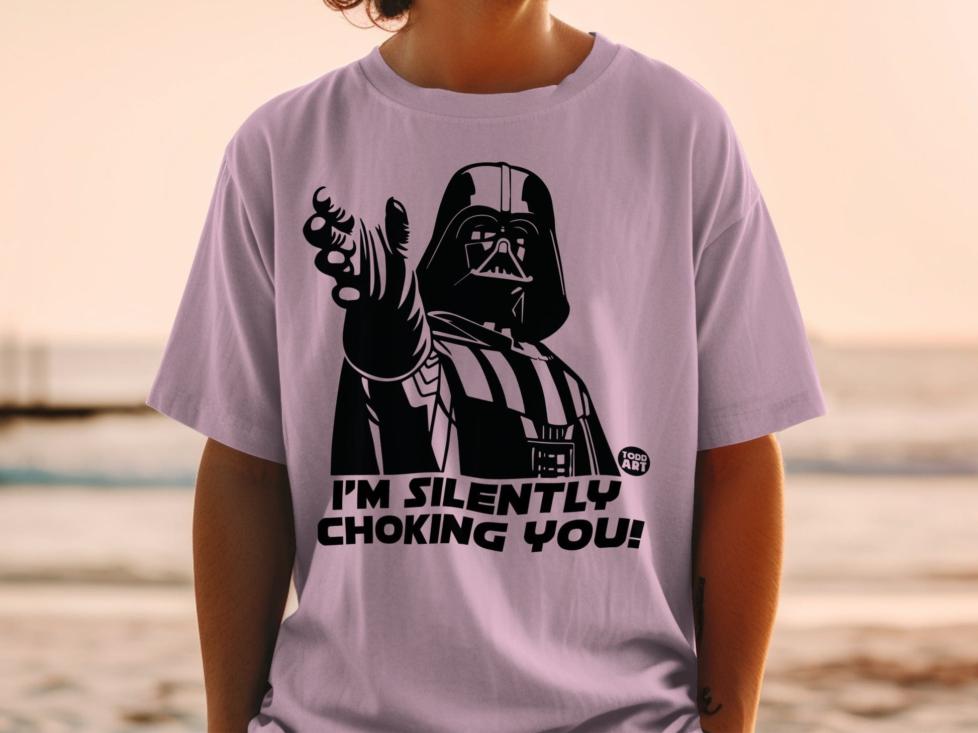Darth Vader on t-shirt, pointing forward, with text "I'M SILENTLY CHOKING YOU!".