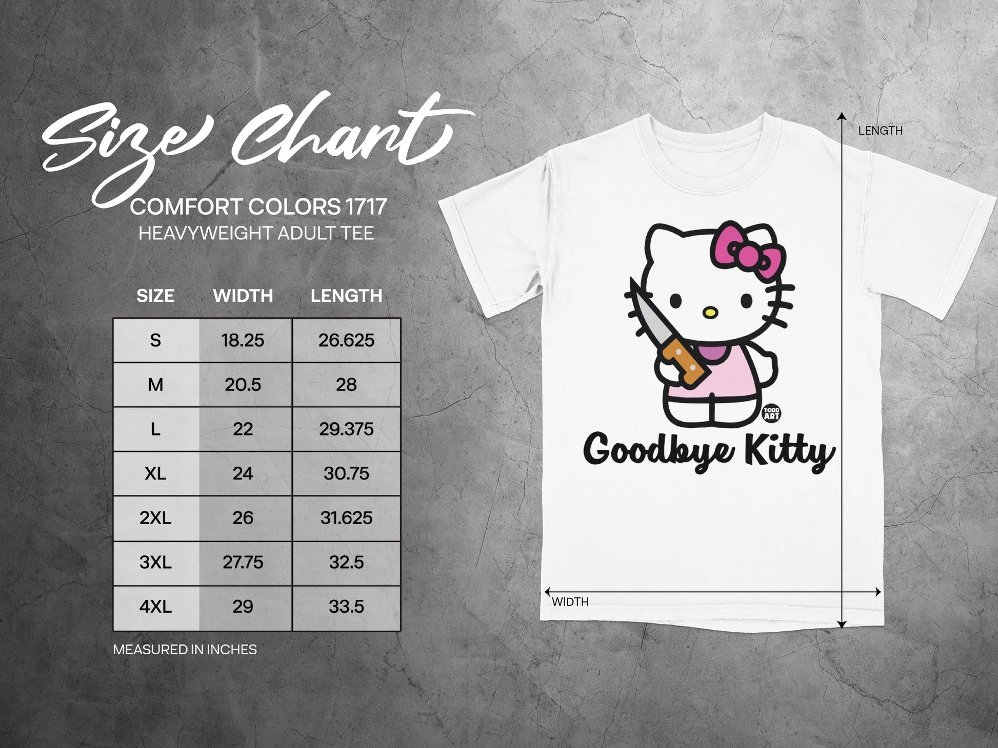Comfort Colors 1717 heavyweight adult tee size chart with Goodbye Kitty graphic.