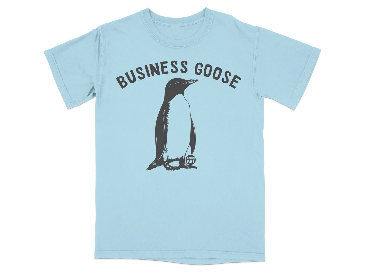 Light blue t-shirt with a penguin and "BUSINESS GOOSE" text.