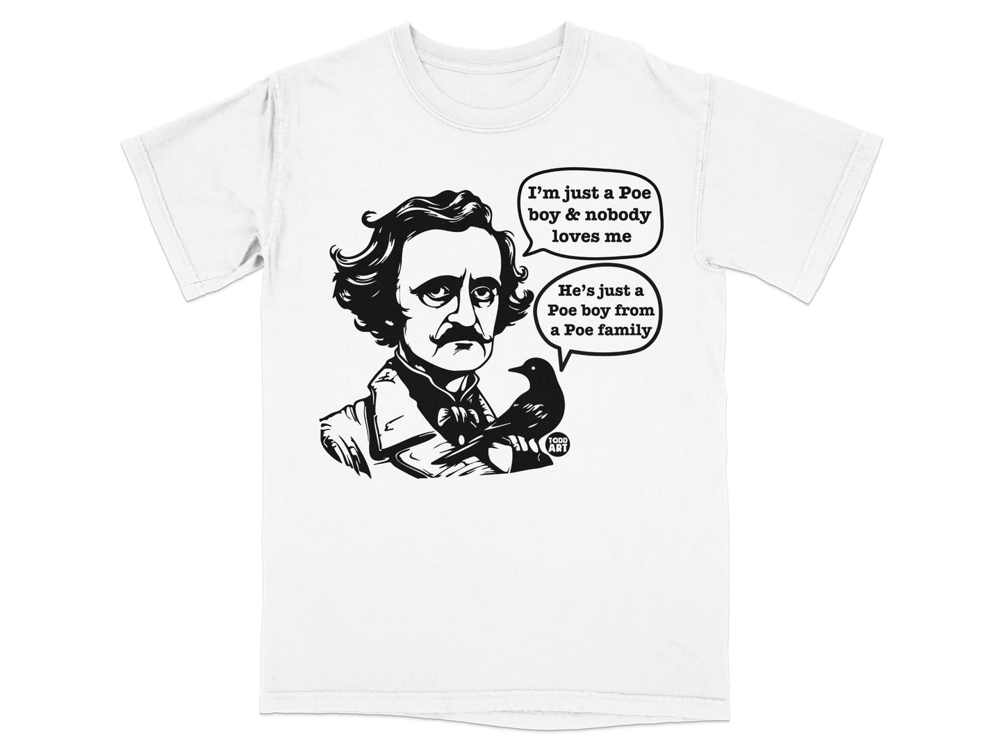 Edgar Allan Poe cartoon with raven, dialogue about being a Poe boy.