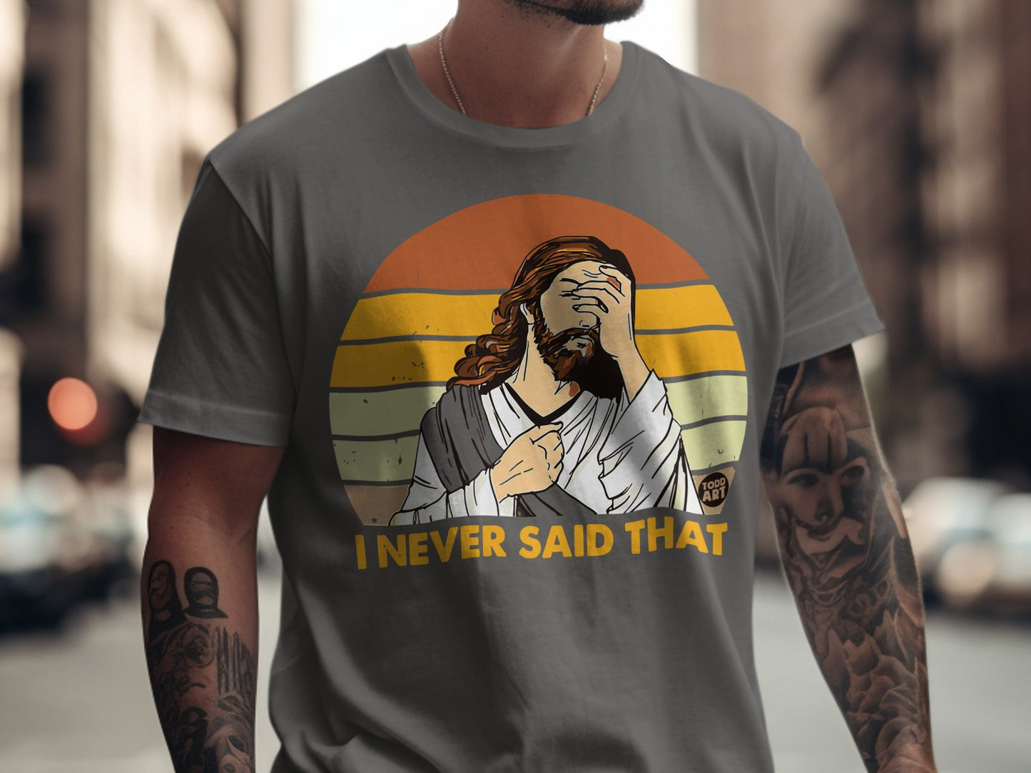 Jesus with hand over face, sunset graphic, text "I NEVER SAID THAT".