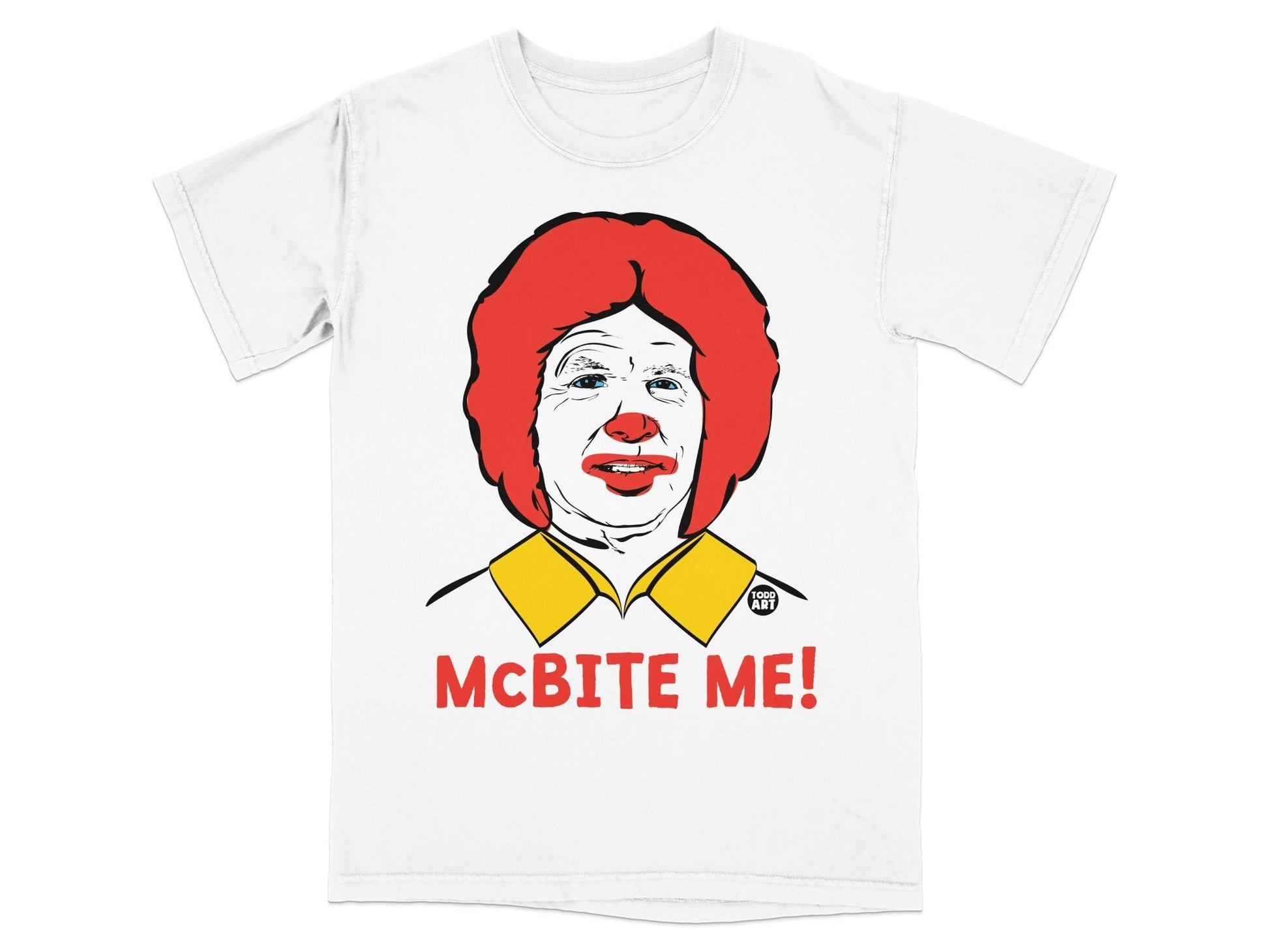 T-shirt with Ronald McDonald caricature saying "MCBITE ME!".