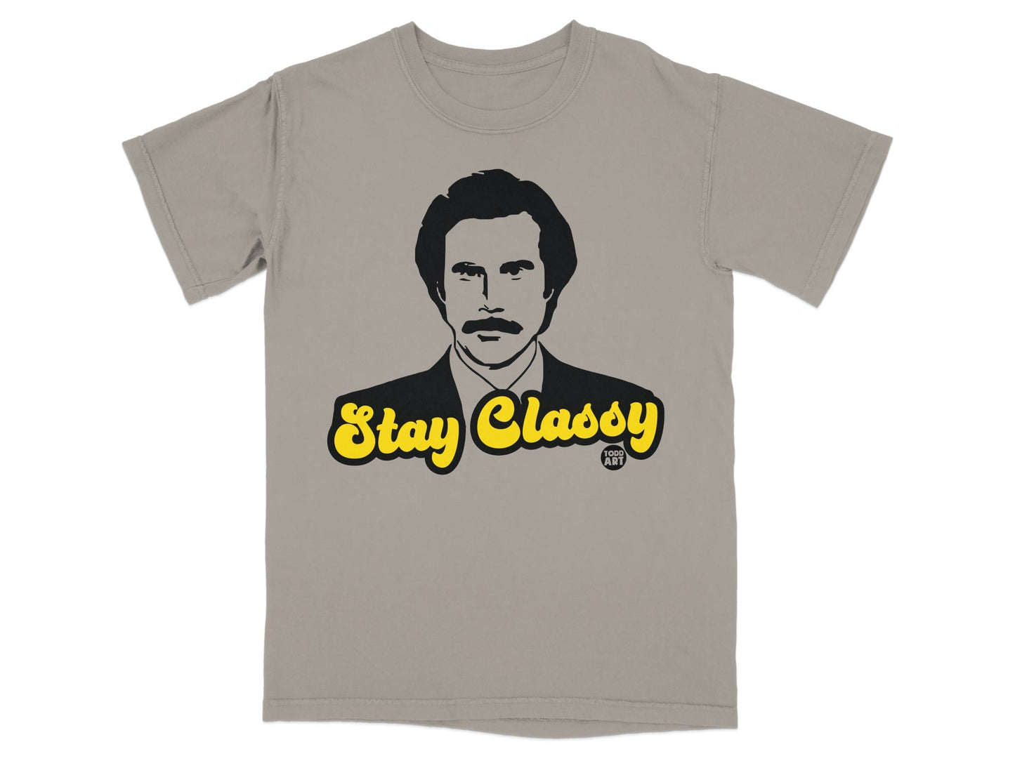 Ron Burgundy "Stay Classy" graphic t-shirt on a tan background.