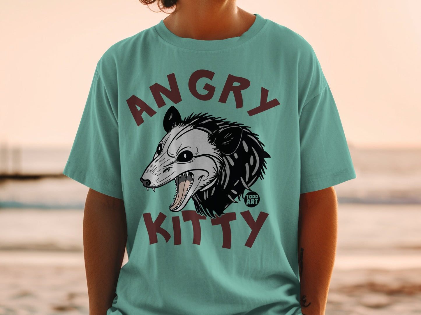 Teal t-shirt with "ANGRY KITTY" and a cartoon opossum illustration.
