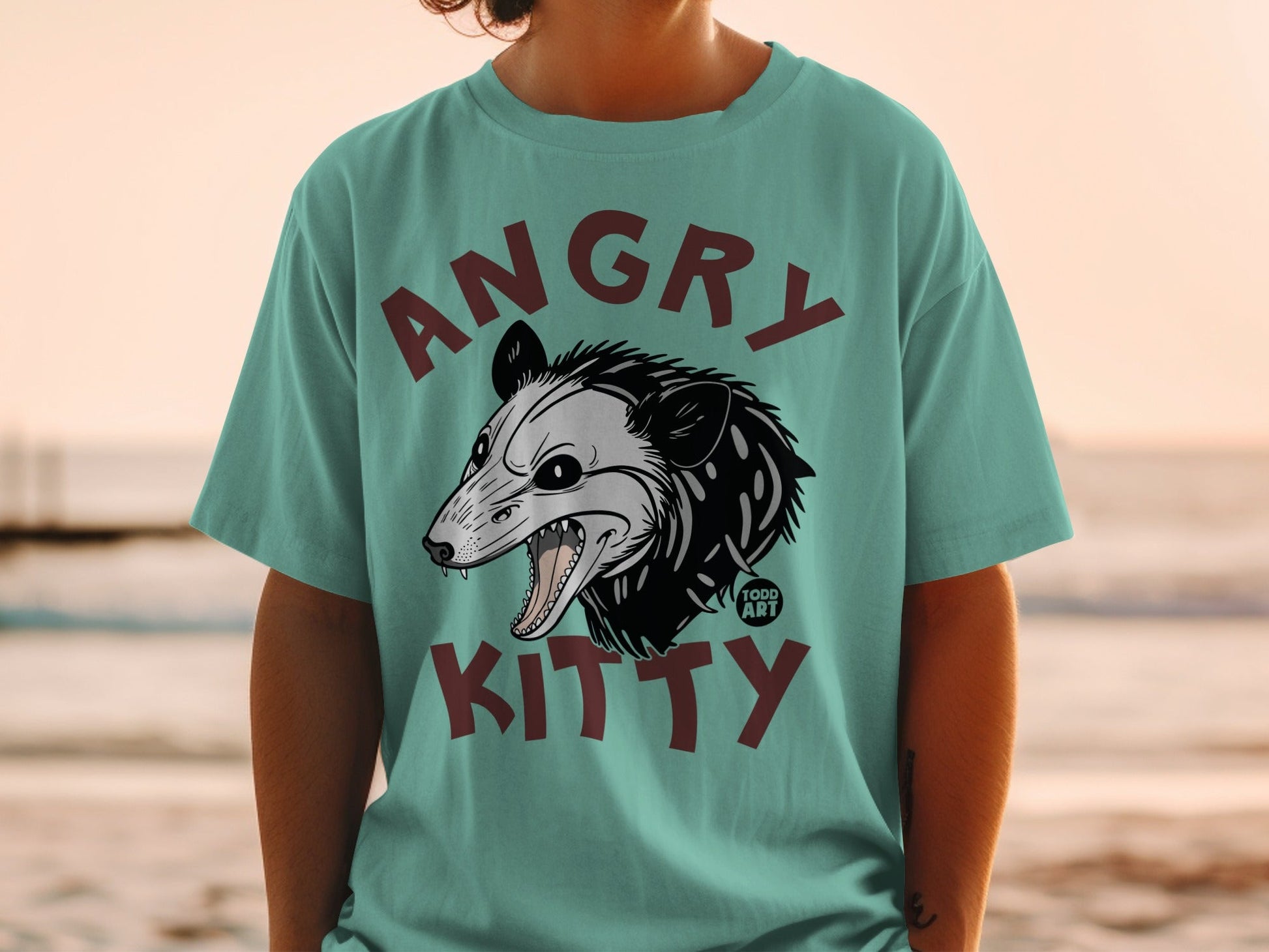 Teal t-shirt with "ANGRY KITTY" and a cartoon opossum illustration.