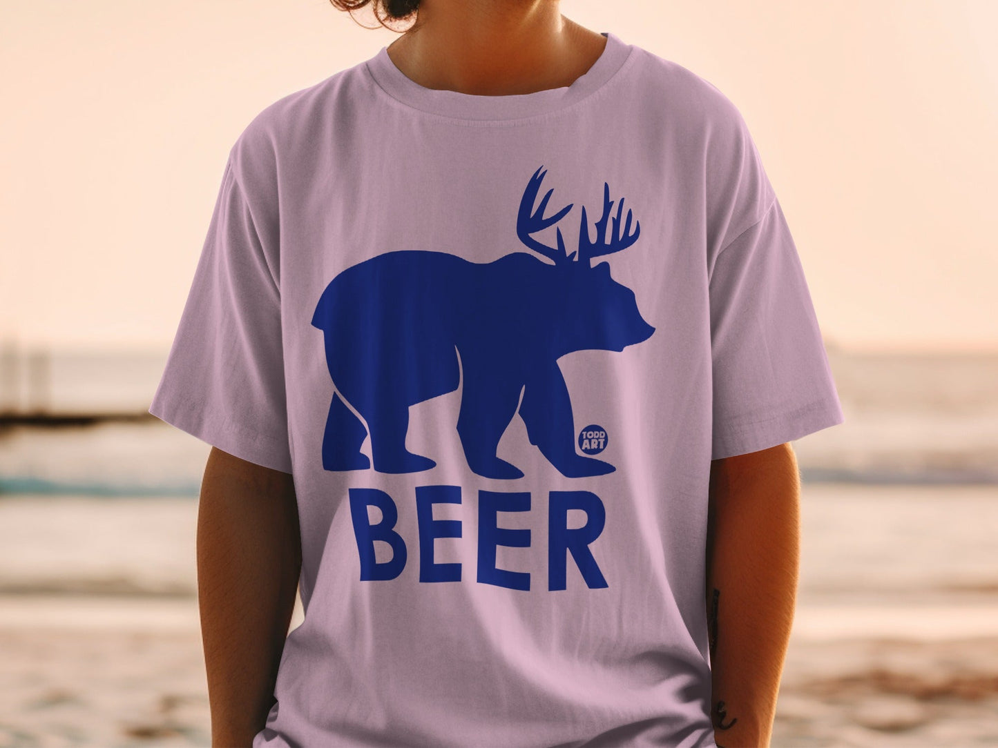 Blue Bear with Antlers Design on White T-Shirt