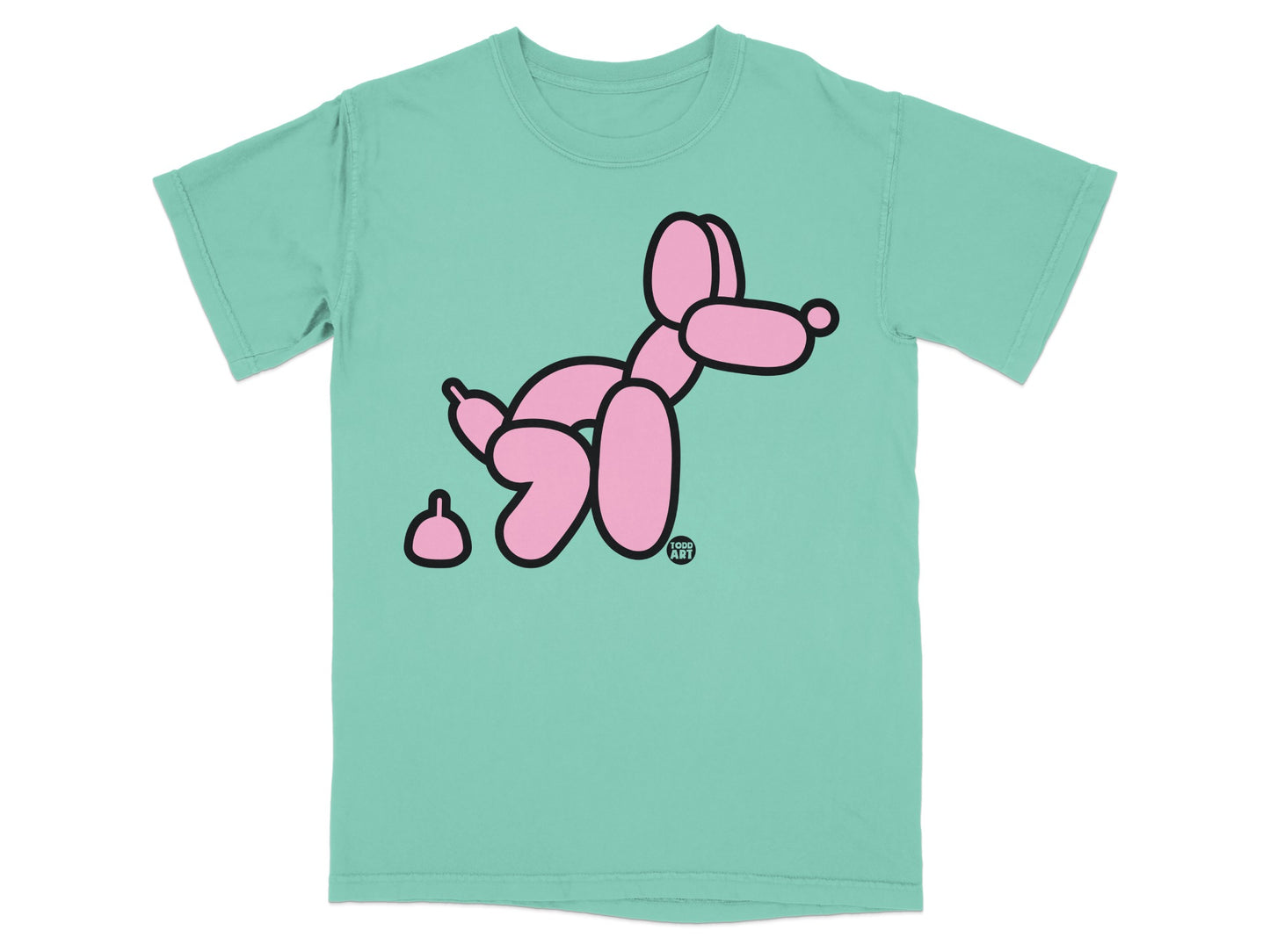 Pink balloon dog with brown poop, Food Art logo on t-shirt.