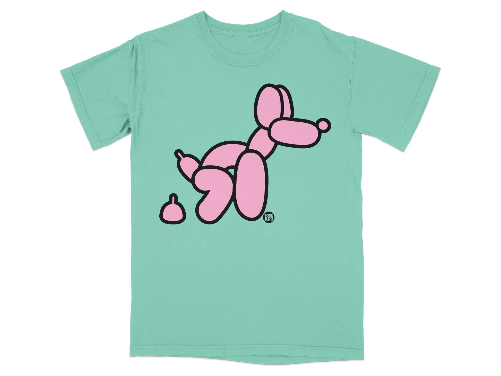 Pink balloon dog with brown poop, Food Art logo on t-shirt.