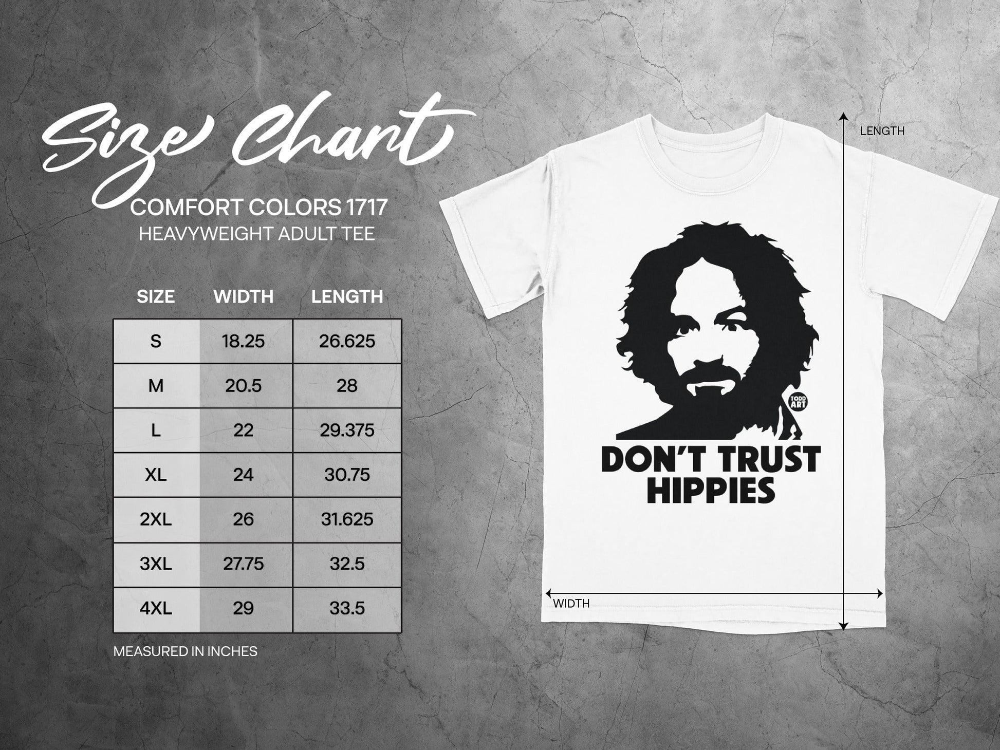 Size chart for Comfort Colors 1717 heavyweight adult tee with t-shirt graphic.
