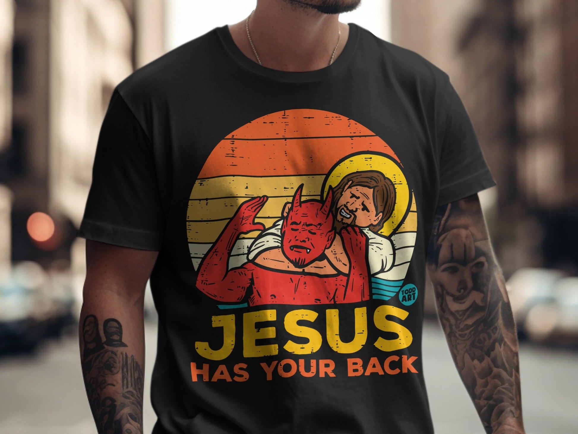 Jesus, depicted as an angel, embracing a red devil figure.