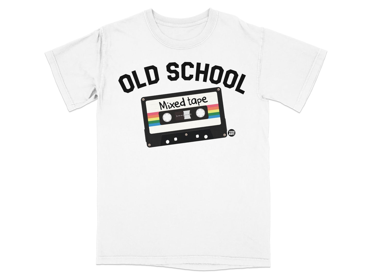 White t-shirt with "OLD SCHOOL Mixed tape" cassette graphic.