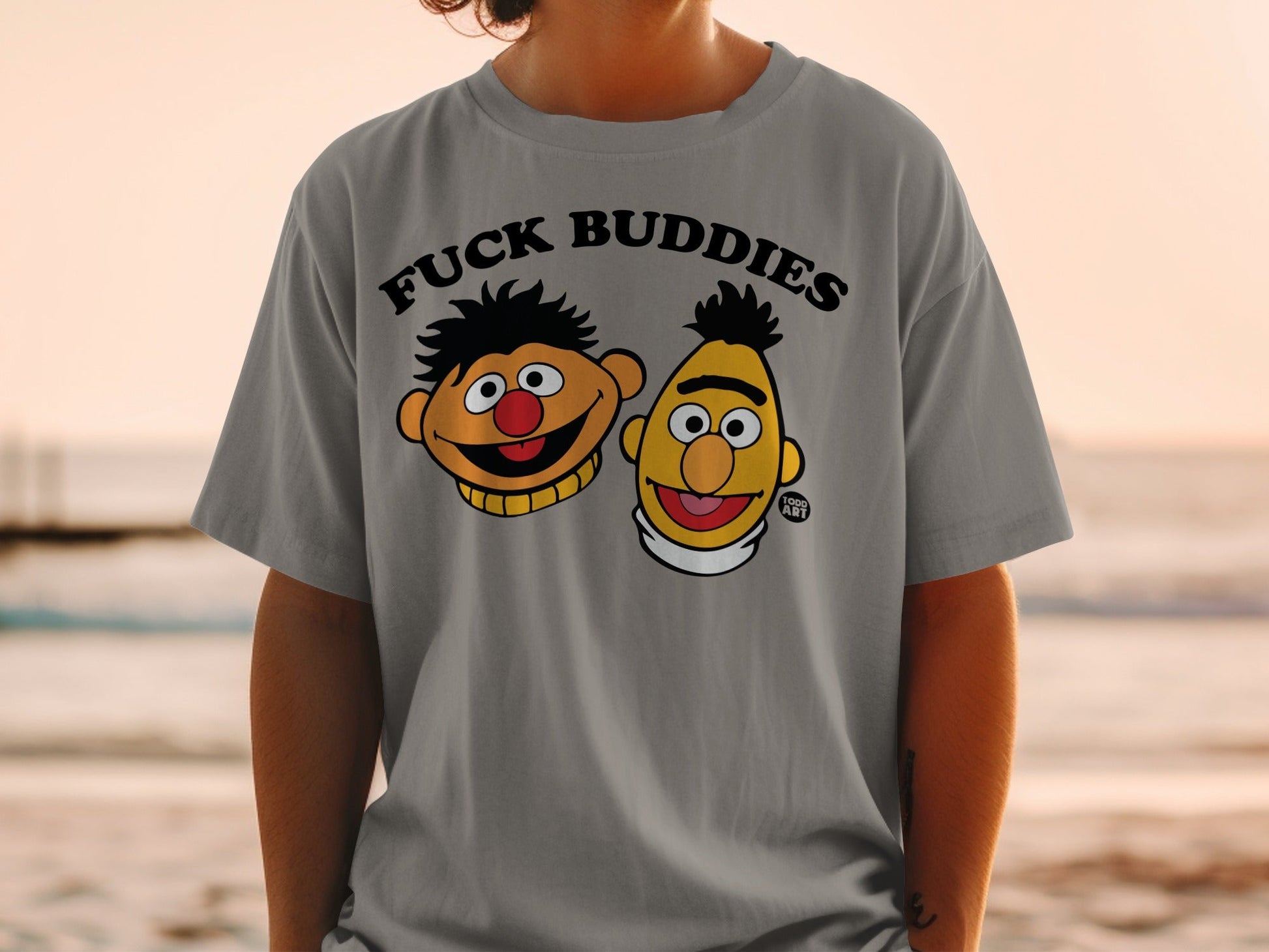 Grey t-shirt with cartoon characters Ernie and Bert and text "FUCK BUDDIES".