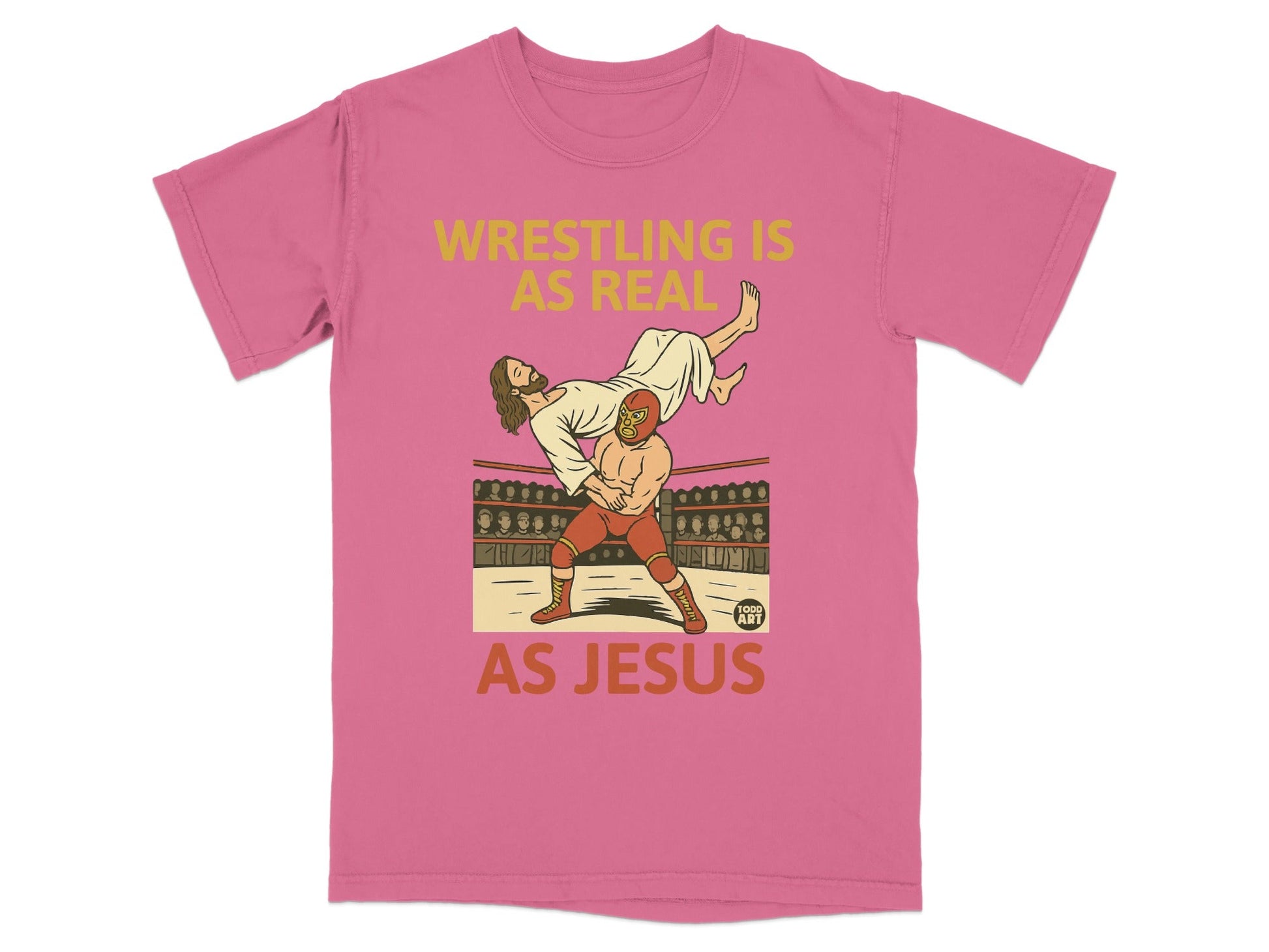 Pink t-shirt with wrestling Jesus on it.