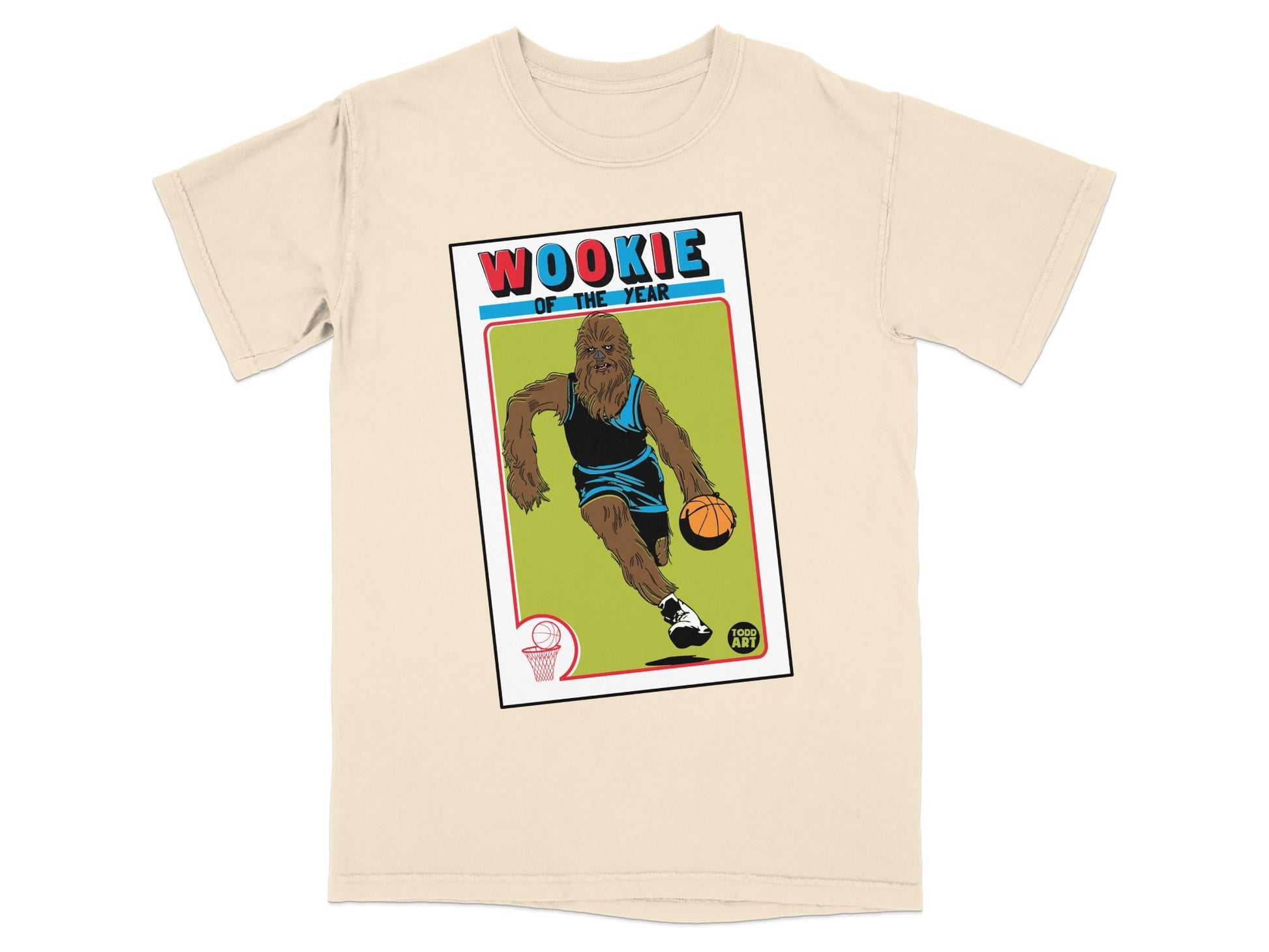 Chewbacca in a basketball uniform on a trading card design, beige t-shirt.