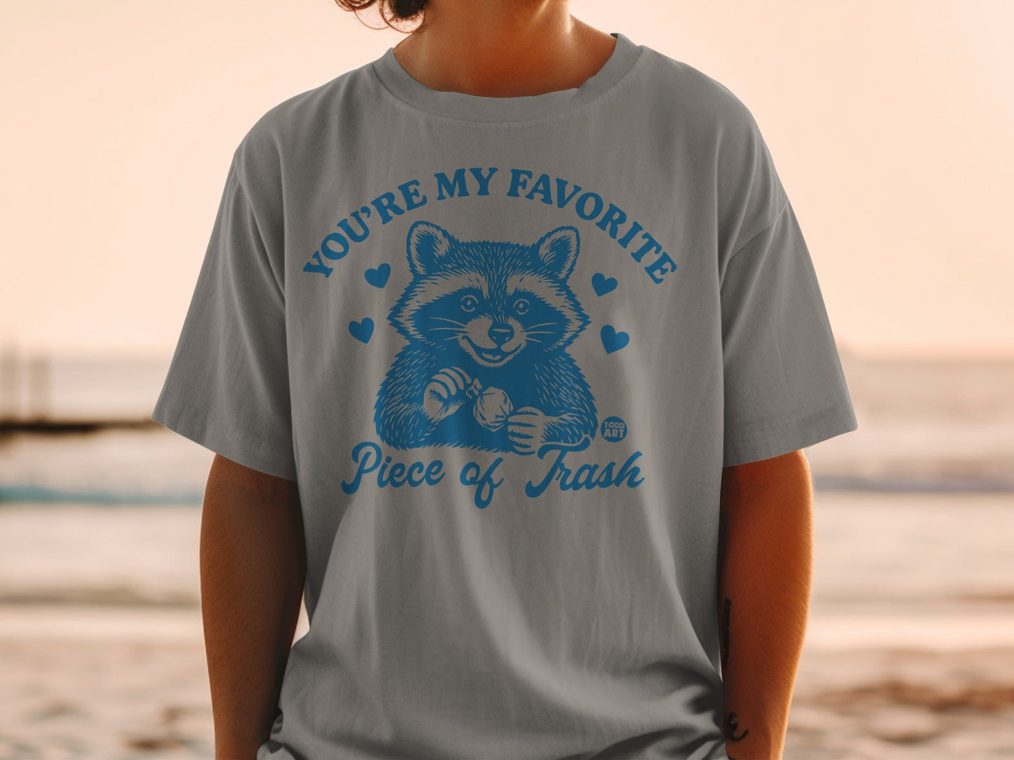 Gray t-shirt with raccoon graphic and "You're My Favorite Piece of Trash" text.