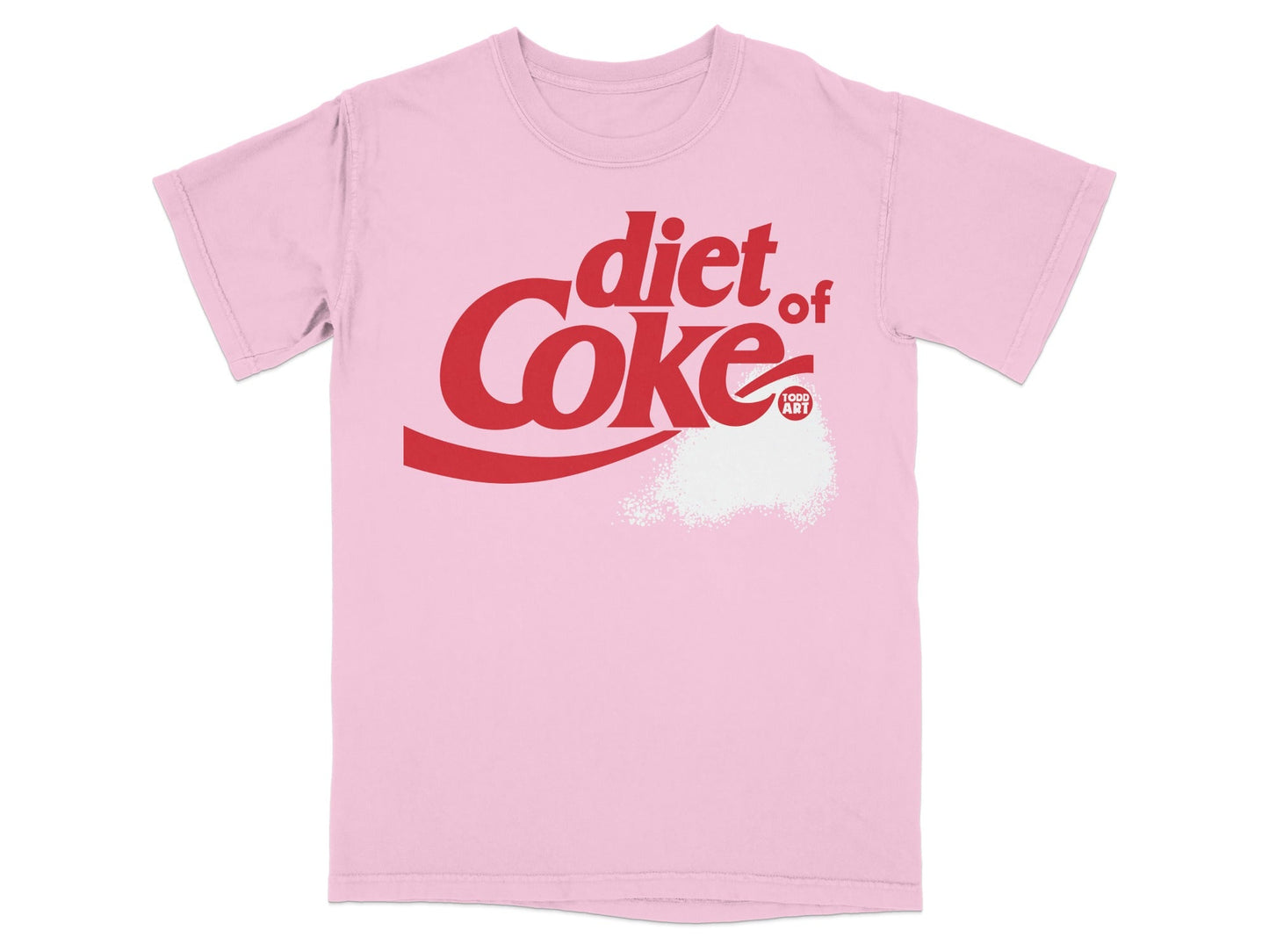 Pink t-shirt with "diet Coke" logo and graphic of scattered sugar.