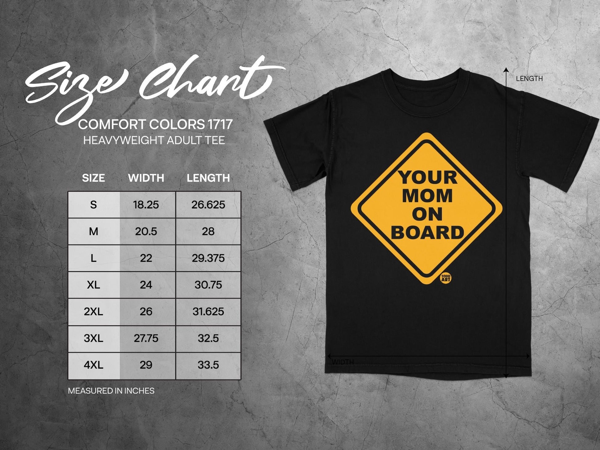 Size chart for Comfort Colors 1717 heavyweight adult tee.