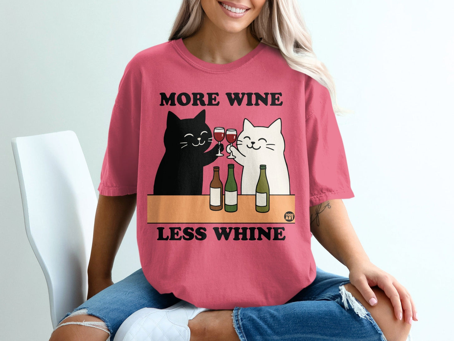 More Wine Less Whine Funny Cat Drinking T-Shirt