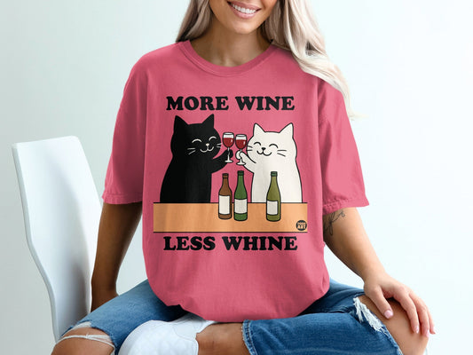 More Wine Less Whine Funny Cat Drinking T-Shirt