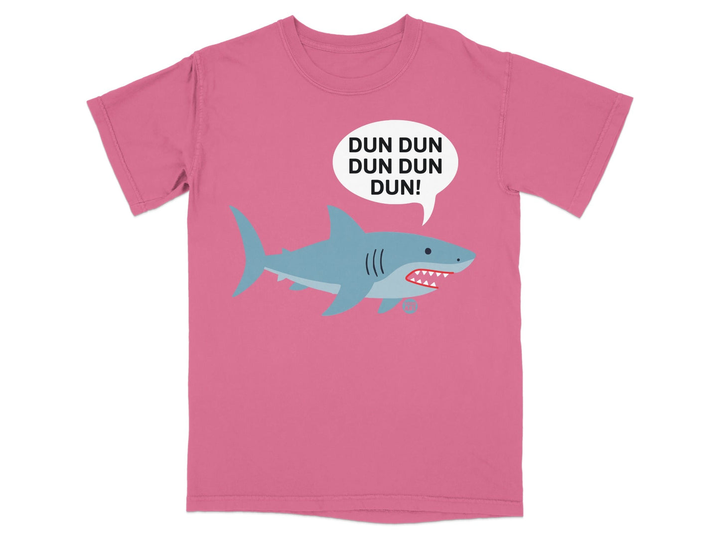 Pink t-shirt with cartoon shark singing "DUN DUN DUN DUN".