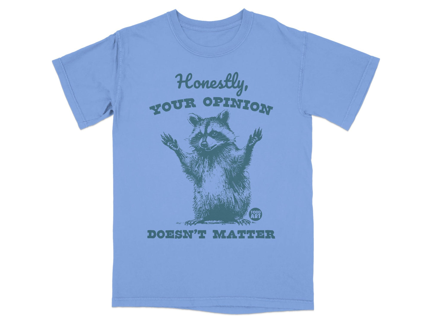 Raccoon graphic on light blue t-shirt reads "Honestly, your opinion doesn't matter."