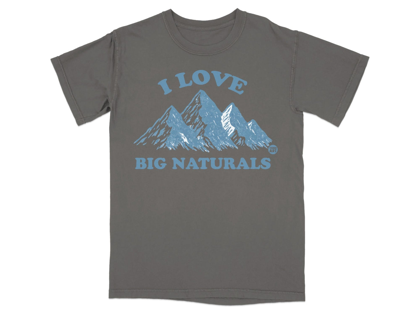 T-shirt with "I Love Big Naturals" text and blue mountain graphic.