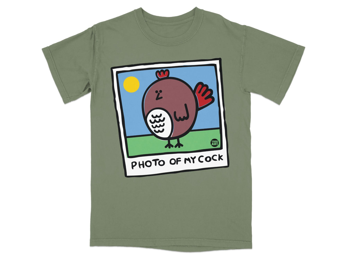 T-shirt with cartoon rooster and text "PHOTO OF MY COCK".