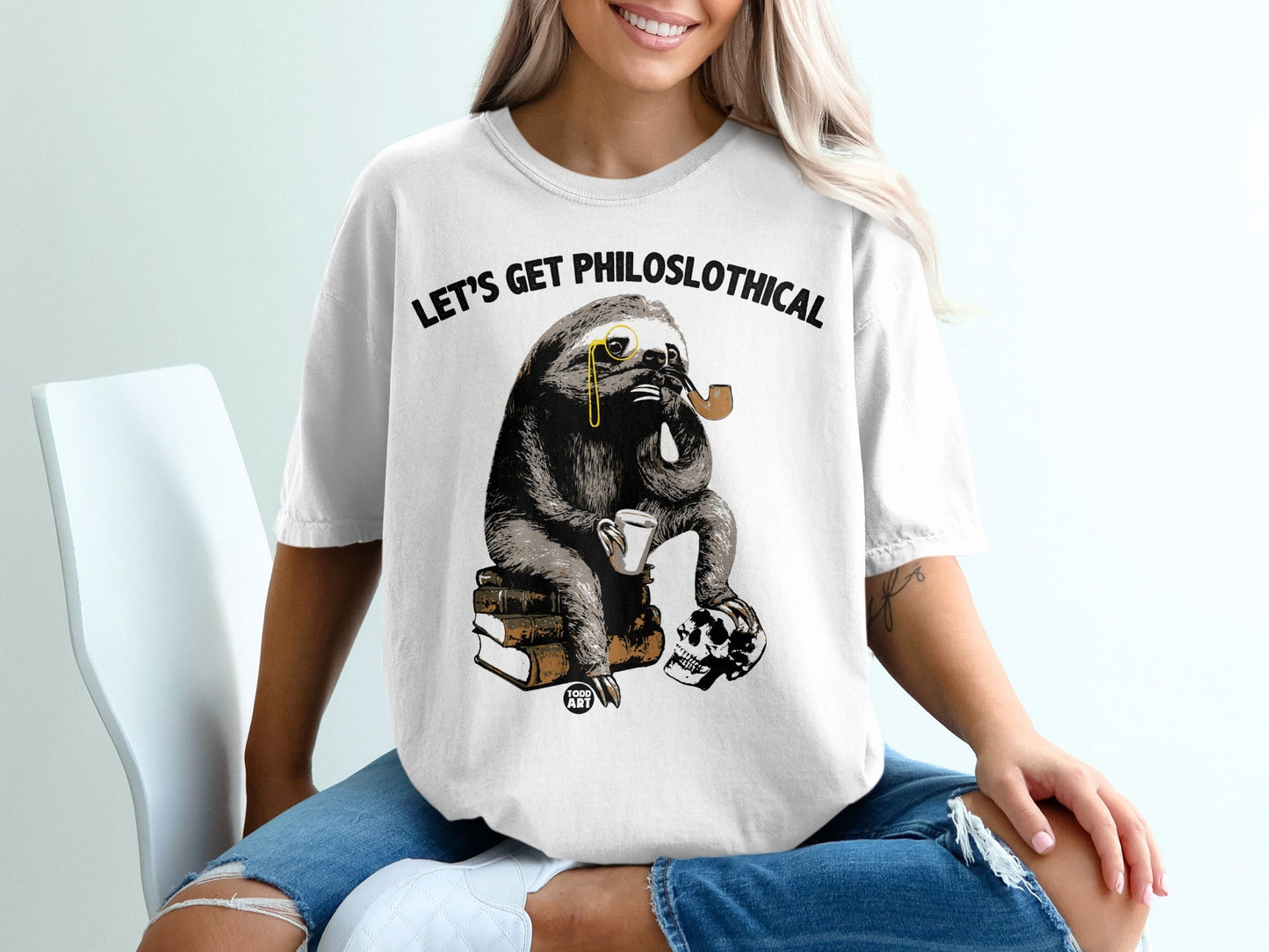 Sloth wearing monocle and smoking pipe, sitting on books with skull.