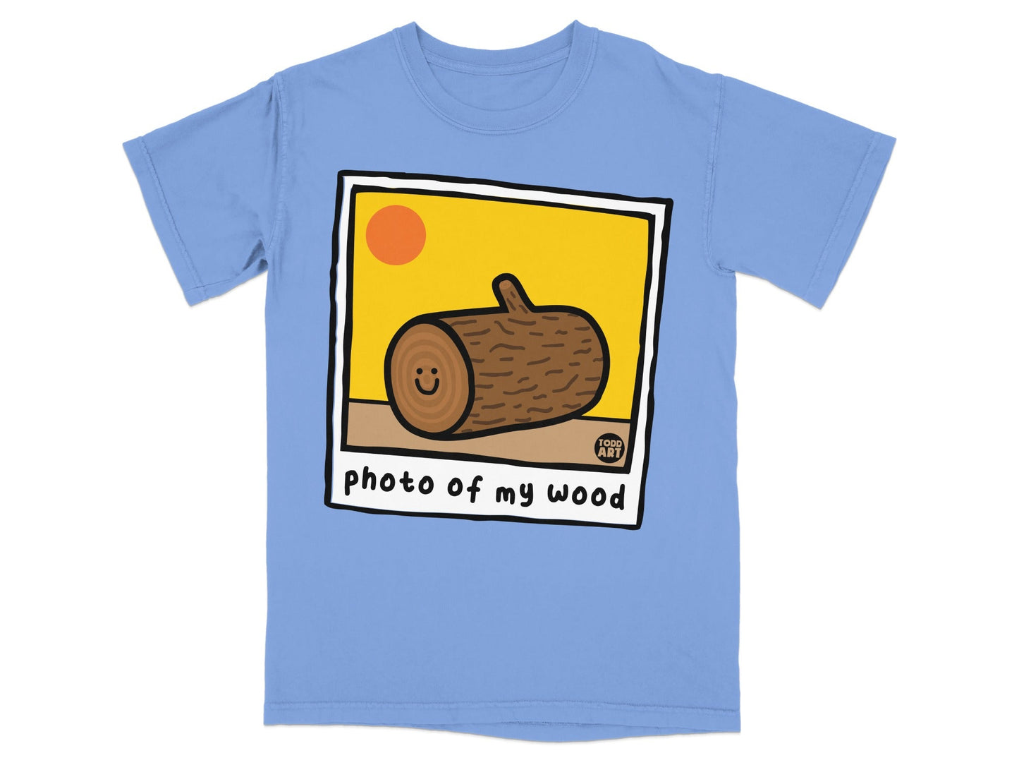T-shirt with cartoon log and "photo of my wood" text.