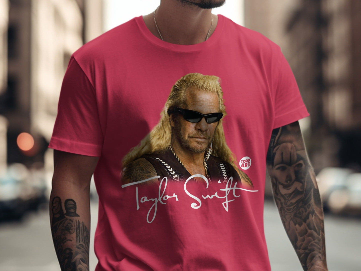 Red t-shirt featuring Dog the Bounty Hunter portrait and "TODD ARRT" logo.