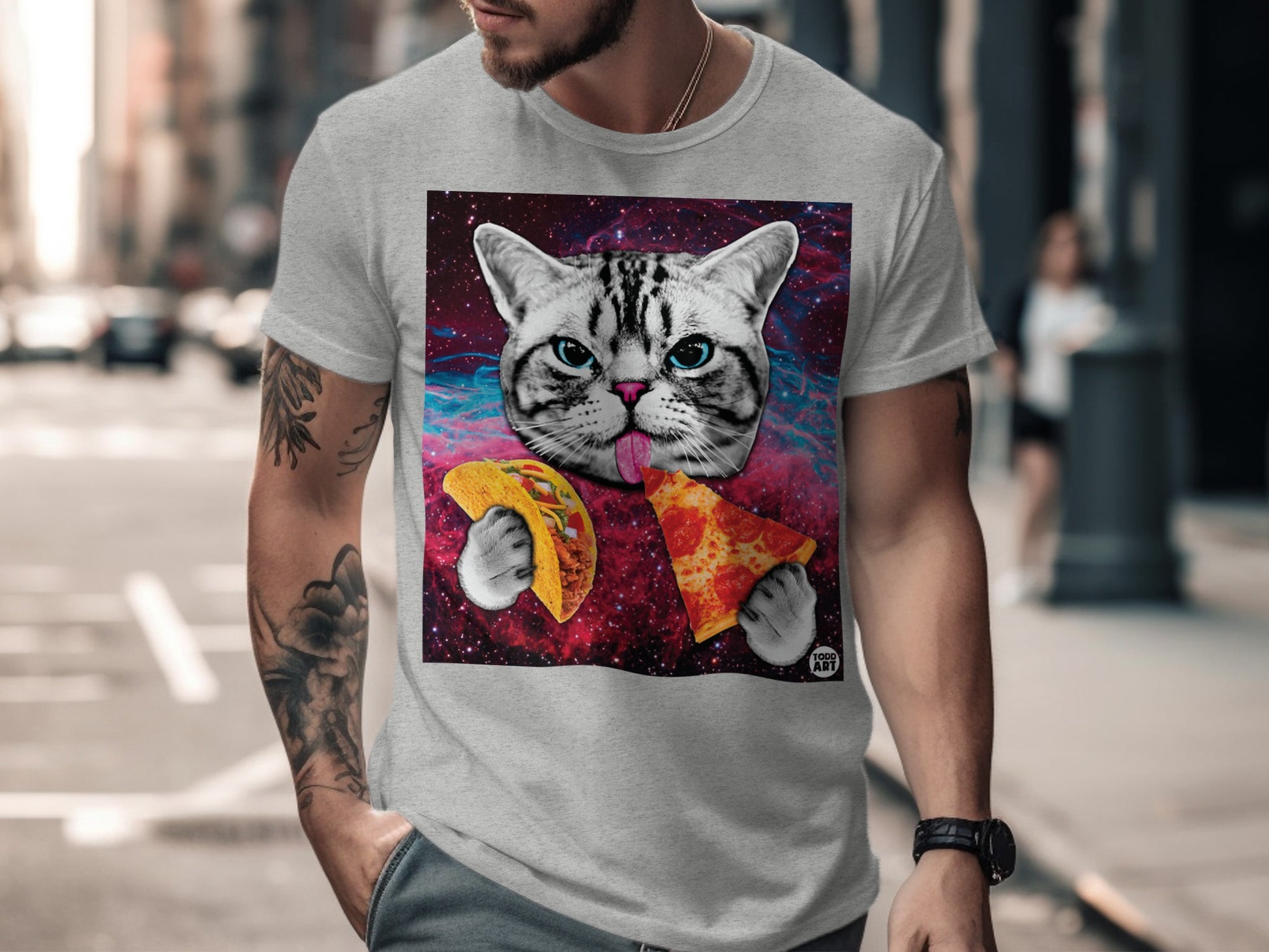 Cat Eating Pizza and Taco Space Design T-Shirt