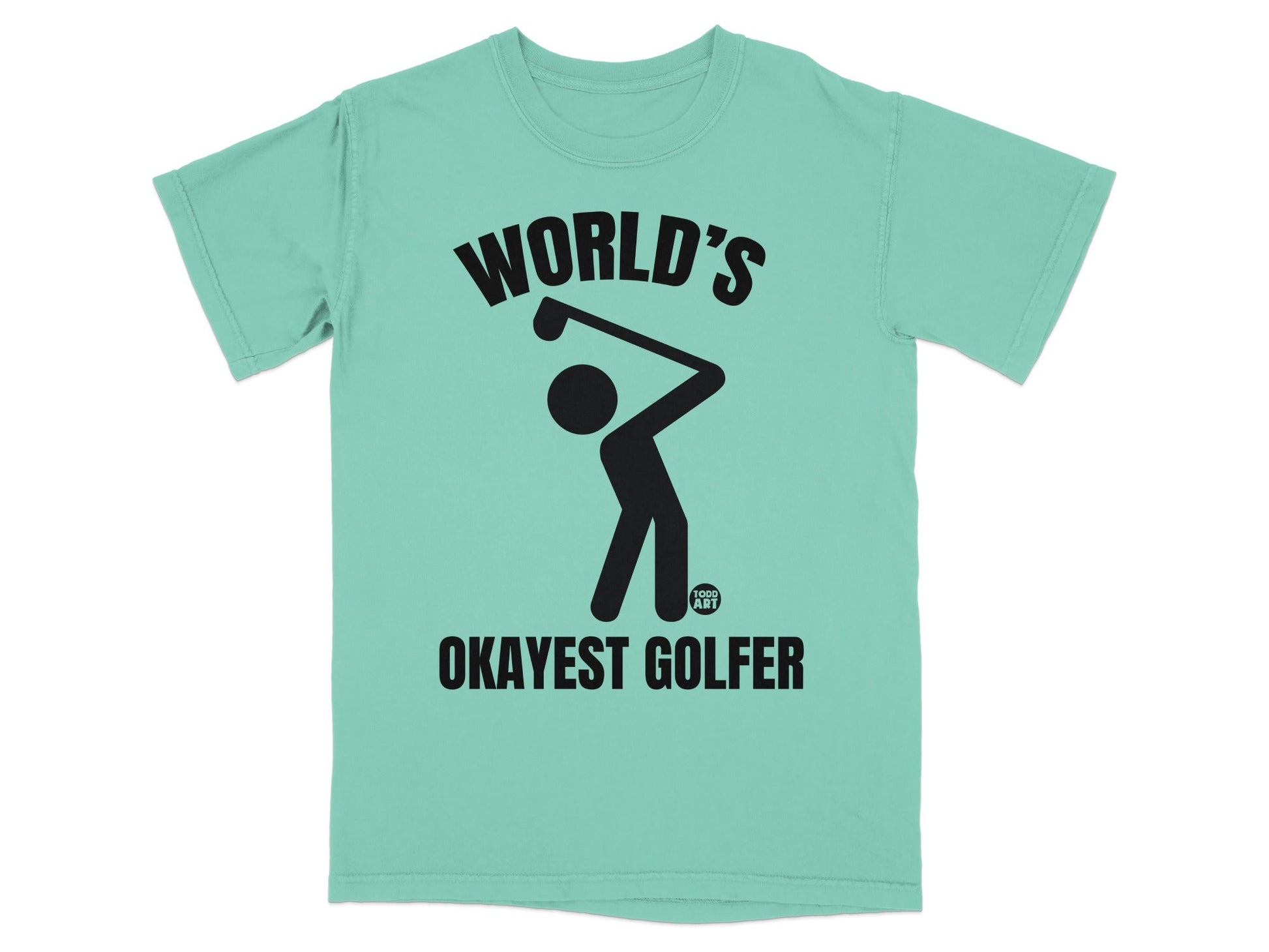 Teal t-shirt with a graphic of a golfer and text "WORLD'S OKAYEST GOLFER".