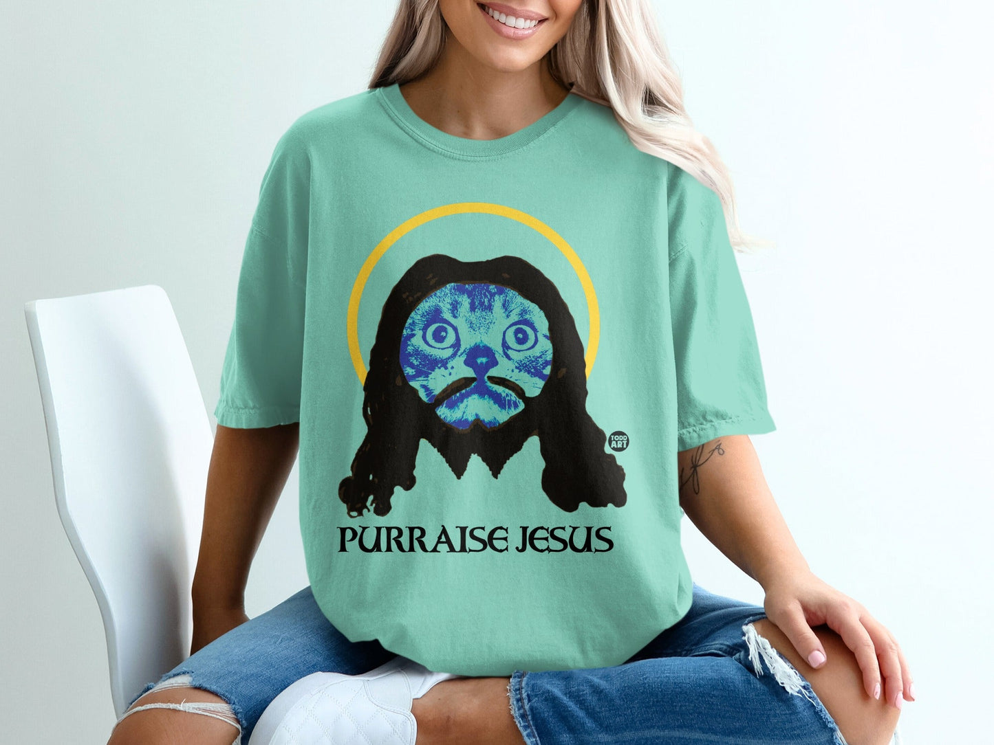 Purraise Jesus Graphic Oversized Cat Art Fashion Tee