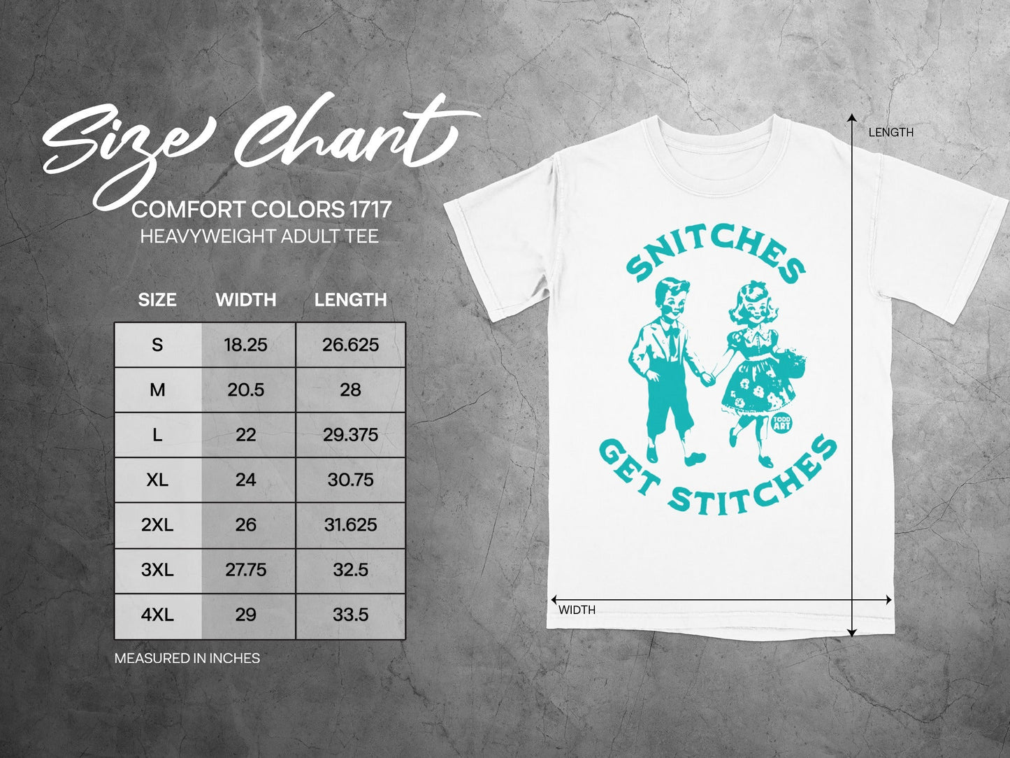 Comfort Colors 1717 heavyweight adult tee size chart with measurements.