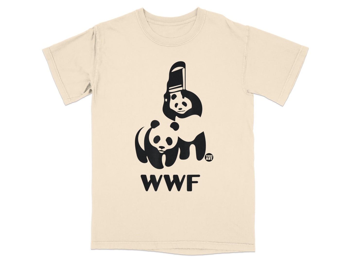 Black and white WWF panda logo with text on a cream t-shirt.