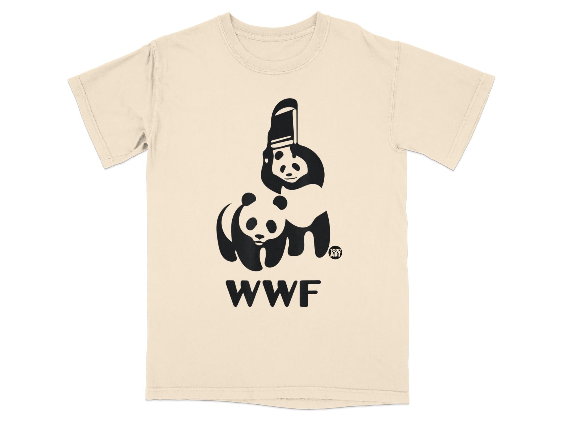 Black and white WWF panda logo with text on a cream t-shirt.