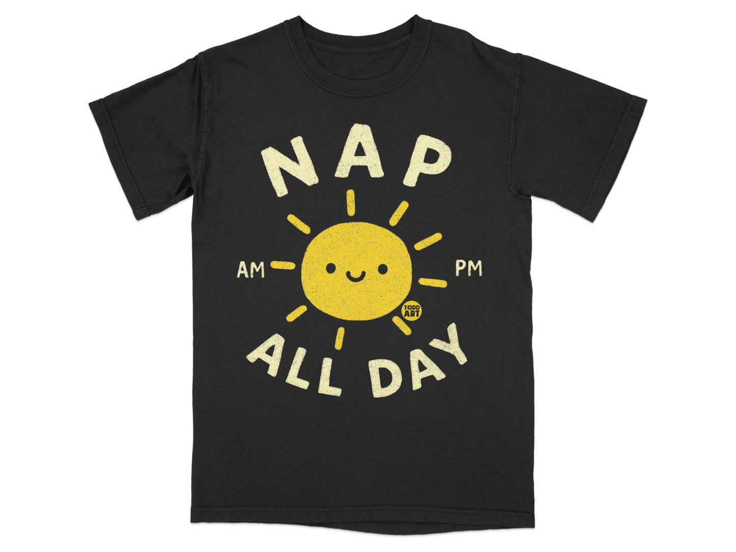 Black t-shirt with yellow sun graphic and text "NAP ALL DAY".
