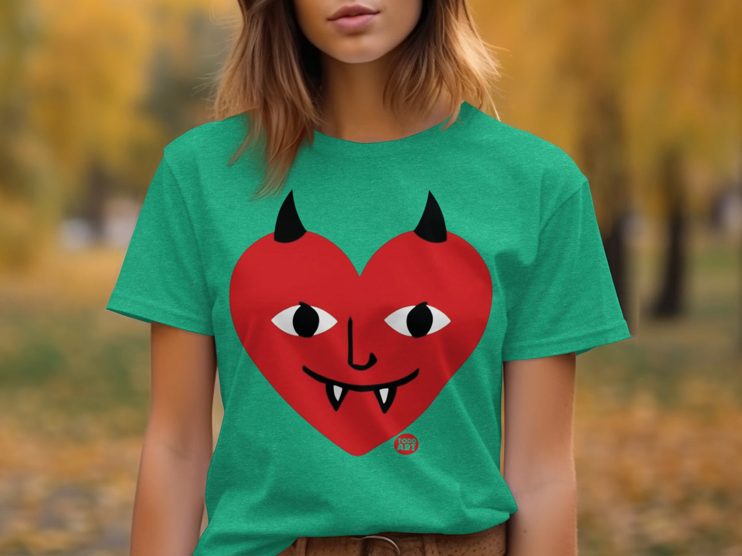 Green Shirt with Red Heart and Devil Face Design Tee