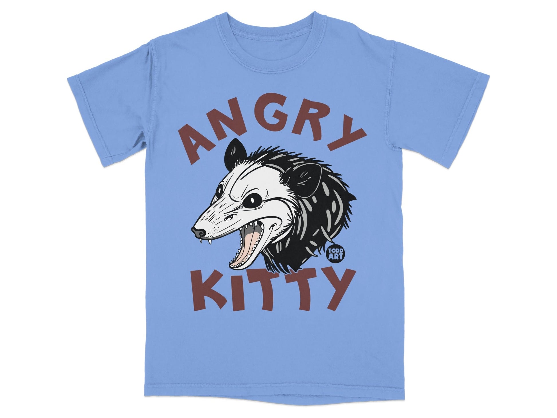 Blue t-shirt with "ANGRY KITTY" text and a cartoon possum head.