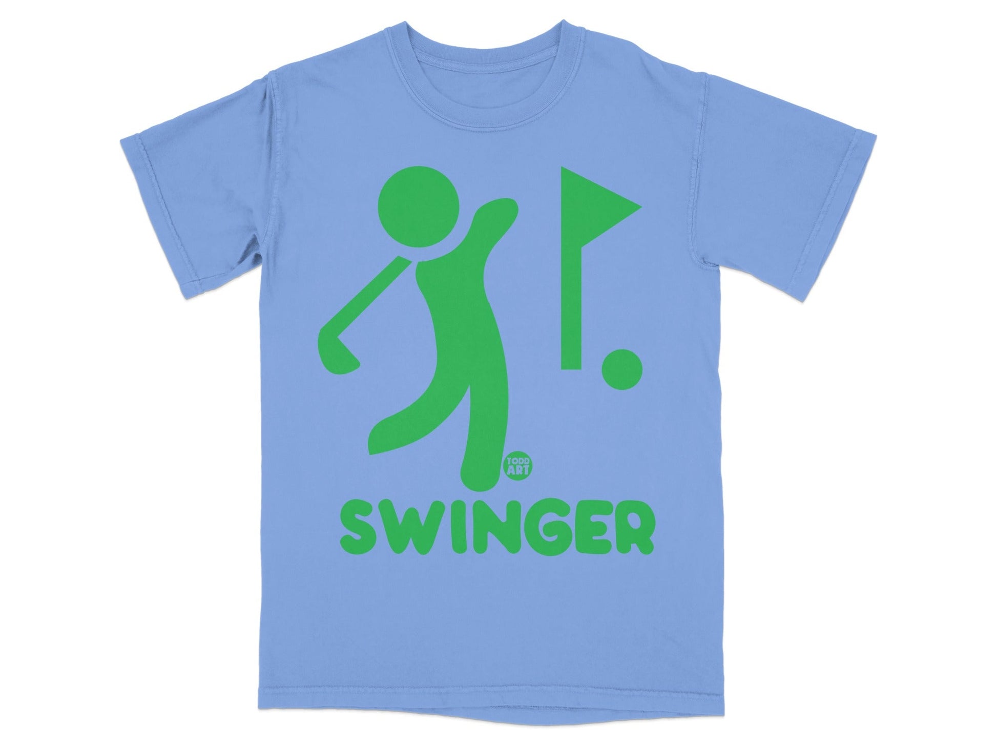 Light blue t-shirt with green golf graphic and the word "SWINGER".