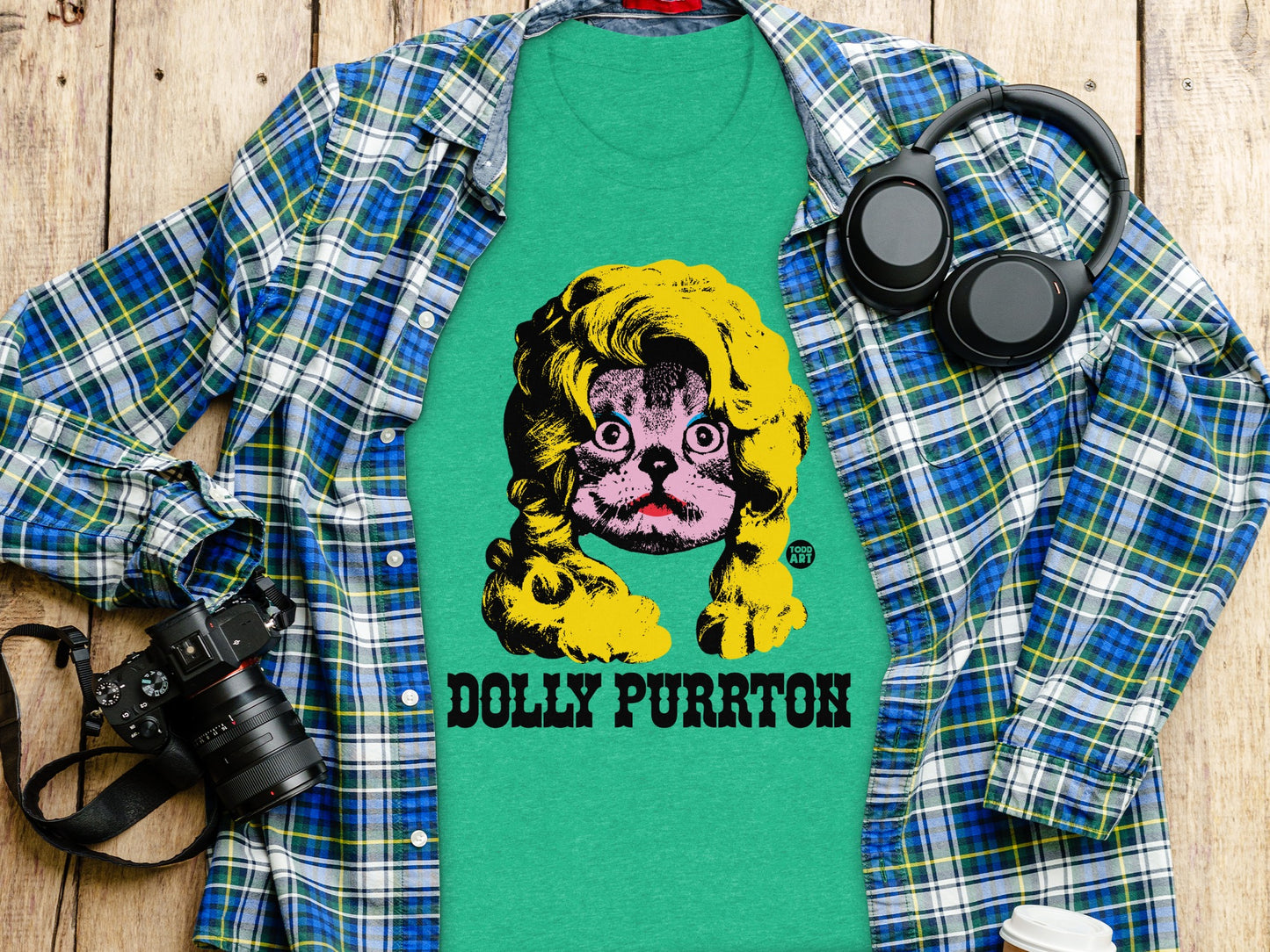 Dolly Purrton Cat Graphic Shirt in Green Shirt