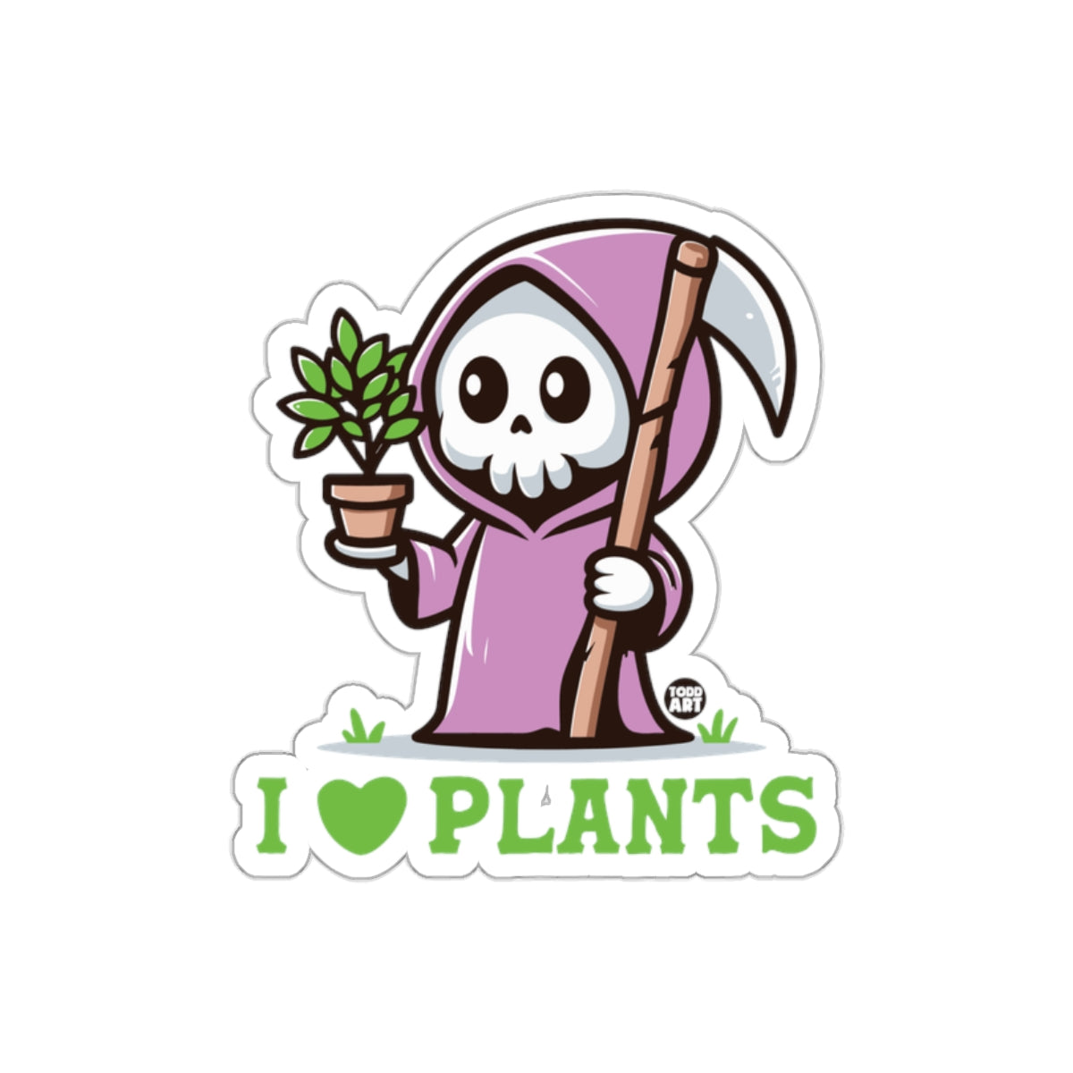 Cute Grim Reaper Holding Plant I Love Plants Design sticker