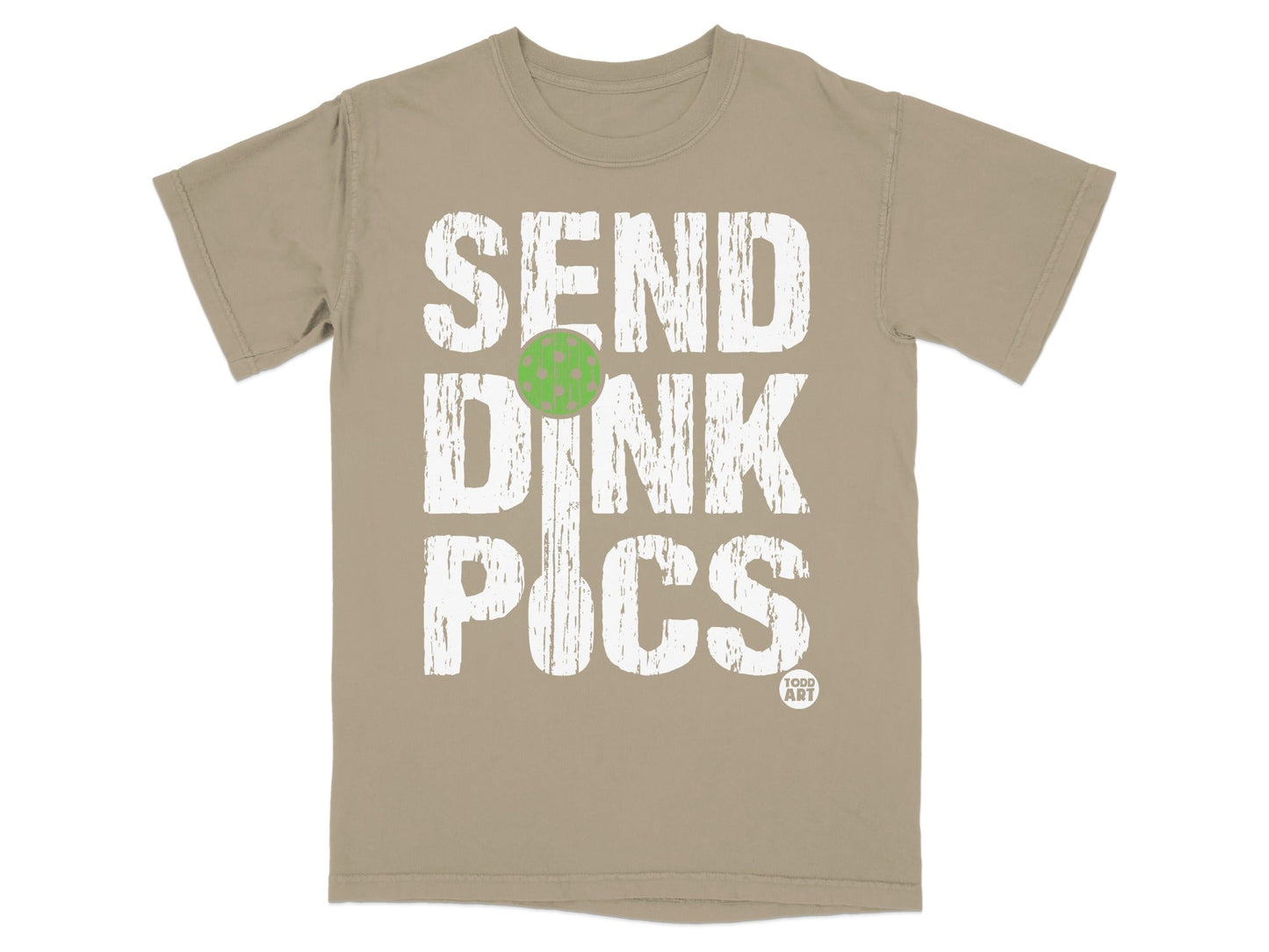 Tan t-shirt with "SEND DINK PICS" text and green polka dot "I".