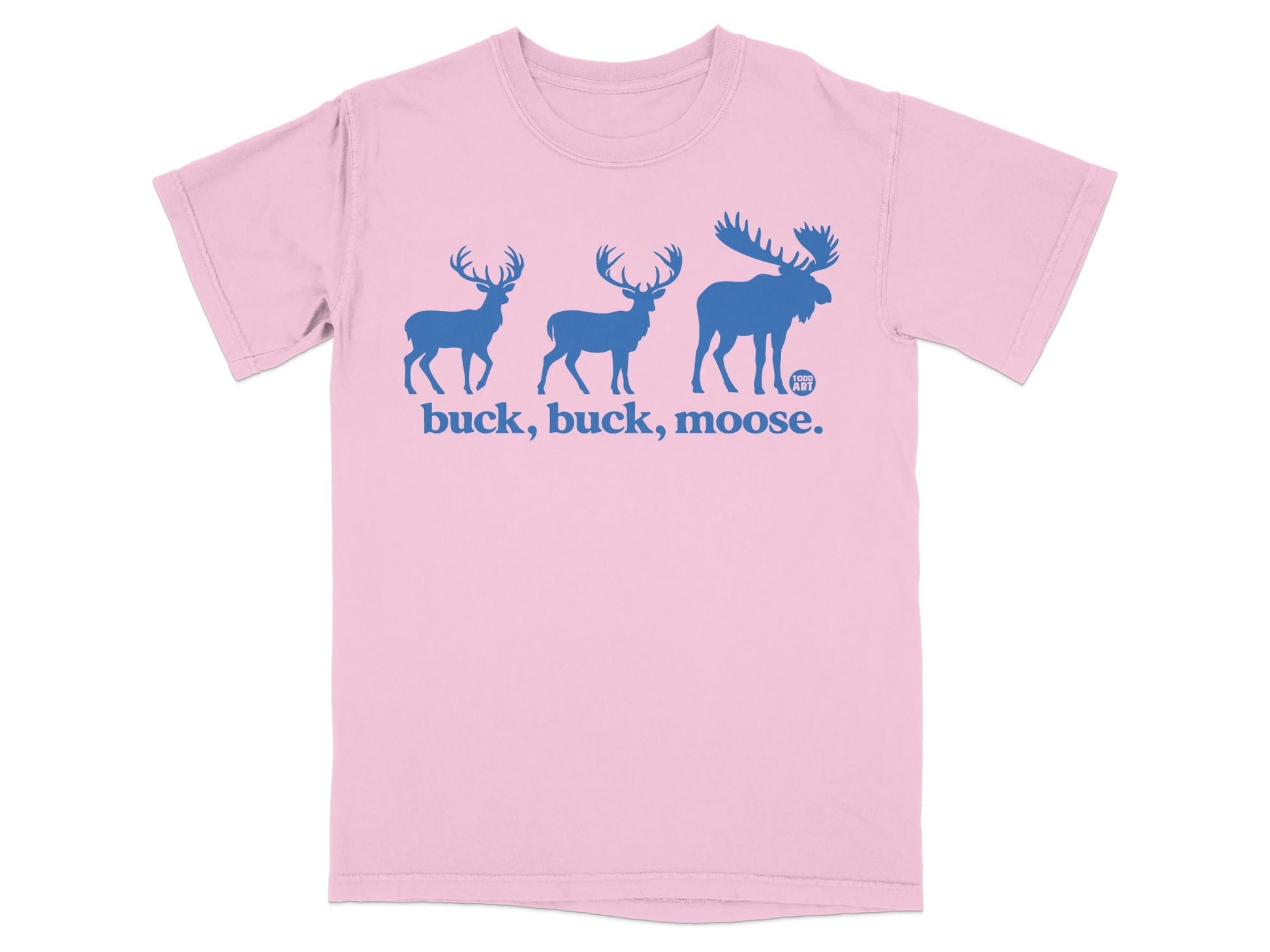 buck buck moose graphic print on pastel pink shirt