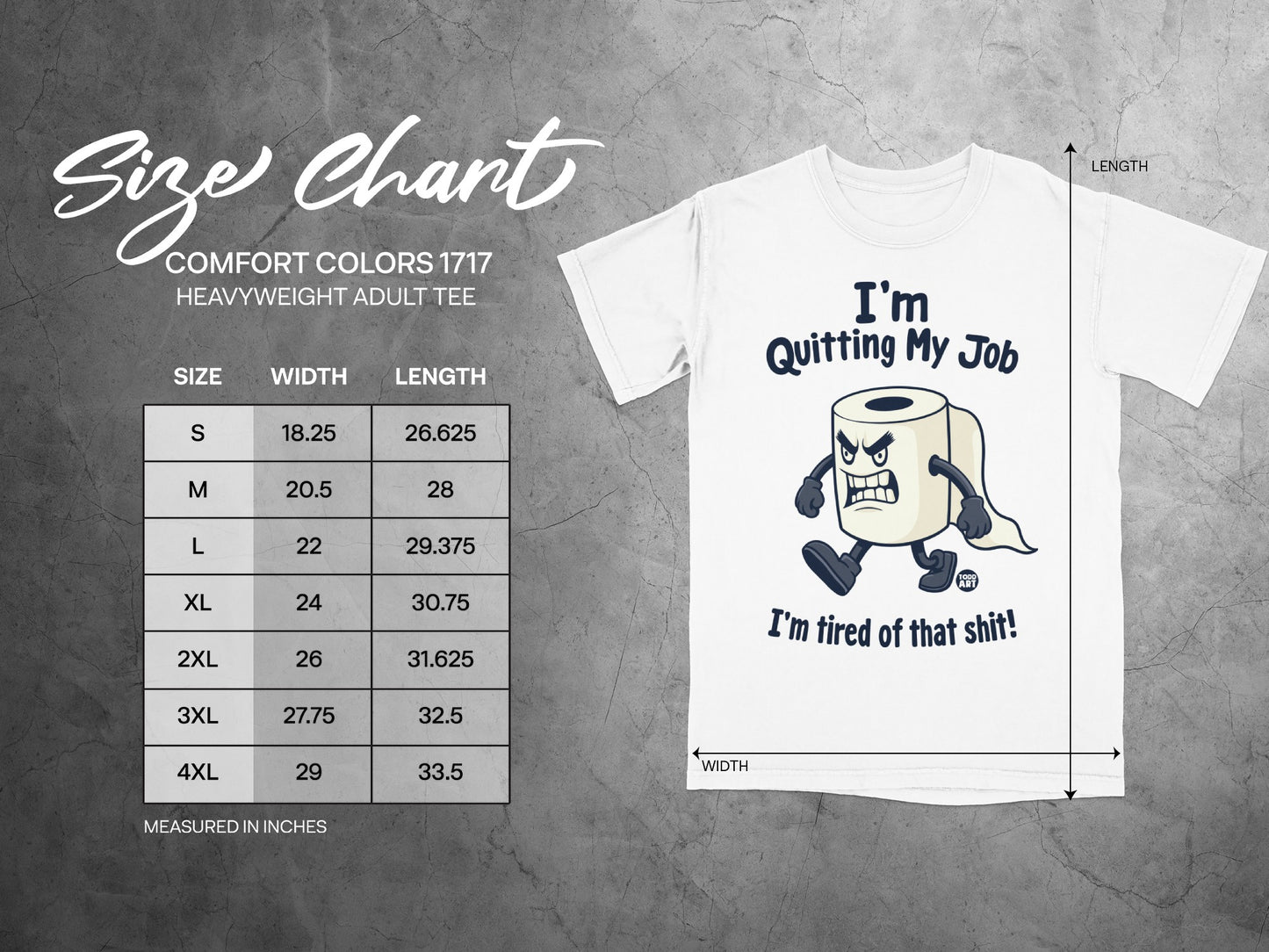Size chart for Comfort Colors 1717 Heavyweight Adult Tee with cartoon toilet paper.