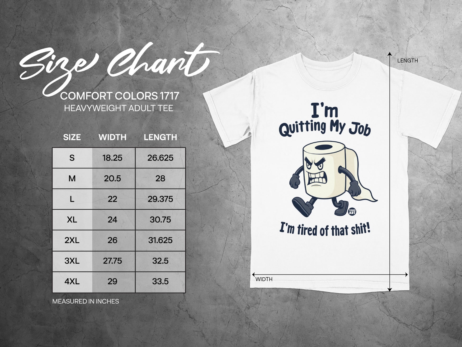 Size chart for Comfort Colors 1717 Heavyweight Adult Tee with cartoon toilet paper.