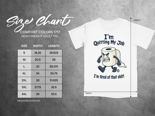 Size chart for Comfort Colors 1717 Heavyweight Adult Tee with cartoon toilet paper.