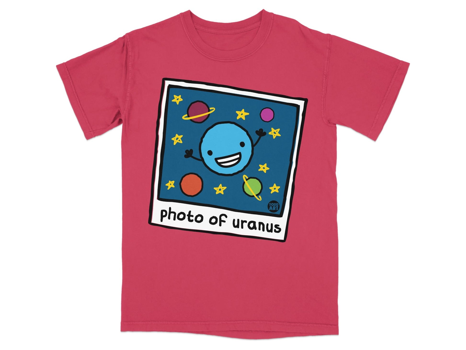 T-shirt with cartoon of smiling blue planet surrounded by stars and planets.